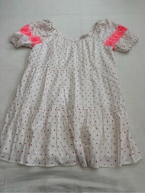 LOFT White Tiered Mini Dress with Neon Pink Dot Print and Sleeve Embroidery